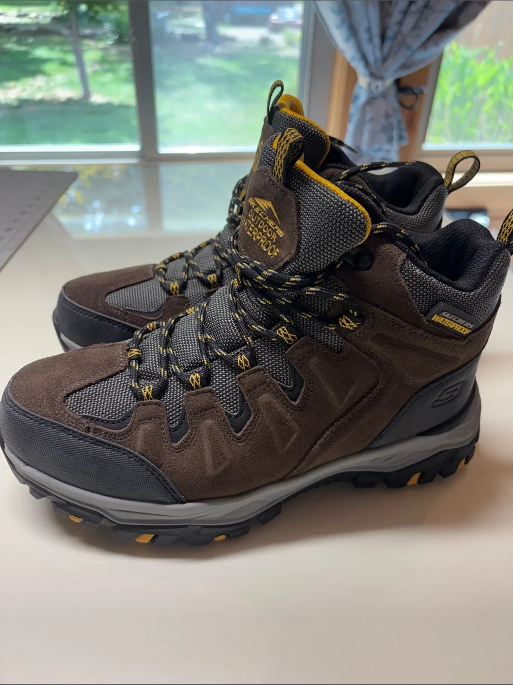 Skechers Men's Waterproof Outdoor Hiker Boots - Brown with Yellow Accents